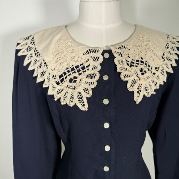Vintage Navy Maxi Dress Lace Statement Collar Long Sleeve Modest Victorian L - Picture 4 of 13